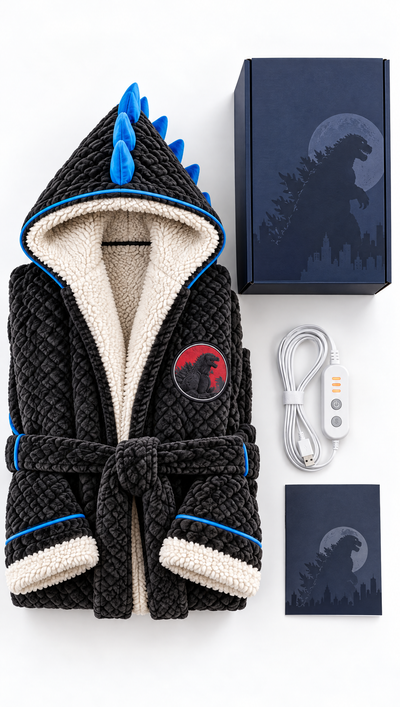 Godzilla Heated Blanket Robe flat lay with USB cable box and instruction card