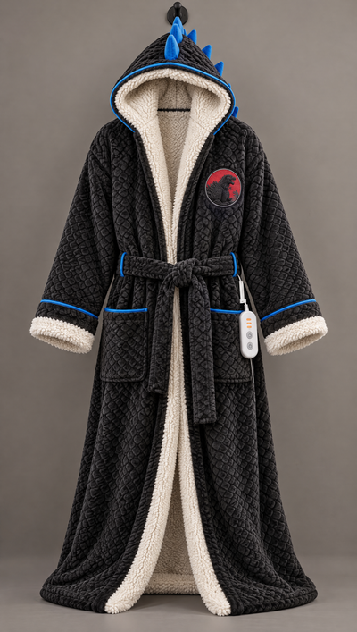 Godzilla Heated Blanket Robe - Front view with 3D blue dorsal spines