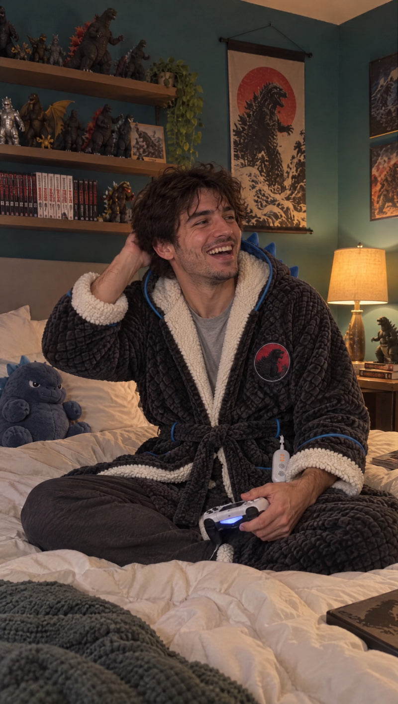 Kaiju fan wearing the Godzilla Heated Blanket Robe in a collector bedroom