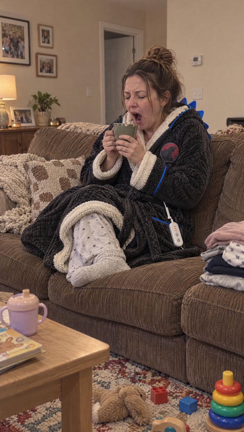 Woman relaxing on the sofa in the Godzilla Heated Blanket Robe