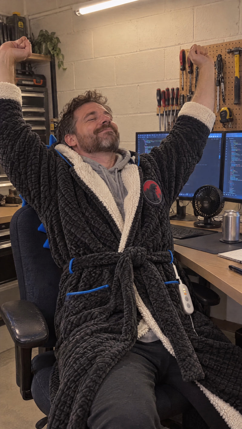 Man stretching at a home office desk in the Godzilla Heated Blanket Robe