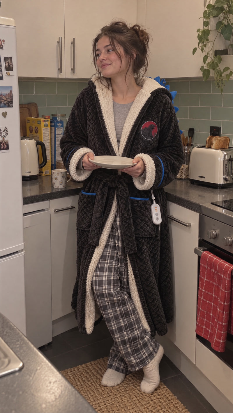 Woman in the kitchen wearing the Godzilla Heated Blanket Robe