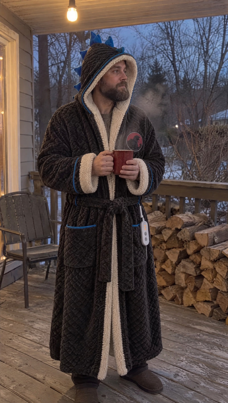 Man on a cold porch with the hood up on the Godzilla Heated Blanket Robe