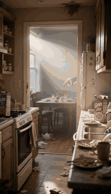 Morning kitchen zombie in the heated robe